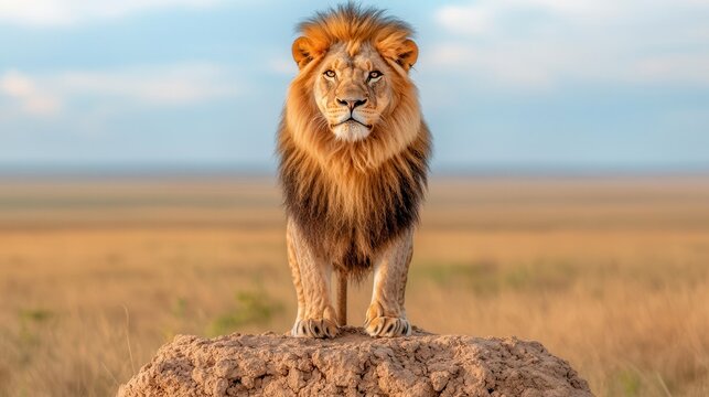 A majestic lion in the golden hour, standing proudly on a rocky outcrop with the savannah stretching out in the background. High Quality