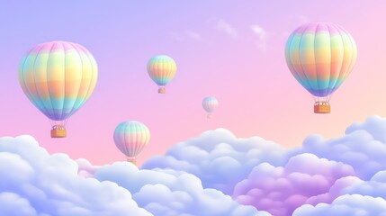 Fototapeta premium Pastel hot air balloons fly above fluffy clouds at sunset; dreamy travel poster