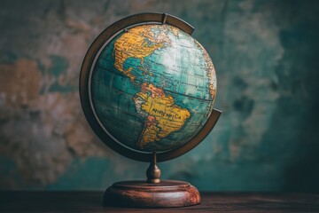 Vintage globe with wooden stand showing continents and oceans, ideal for educational, decorative, and geographic themes.