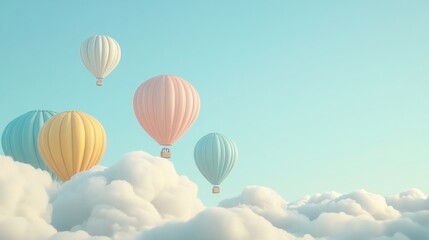 Fototapeta premium Pastel hot air balloons float above clouds, dreamy sky background, travel advertisement