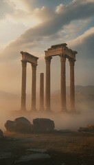 Fototapeta premium Majestic cinematic wallpaper of amman s roman pillars amidst foggy desert landscape