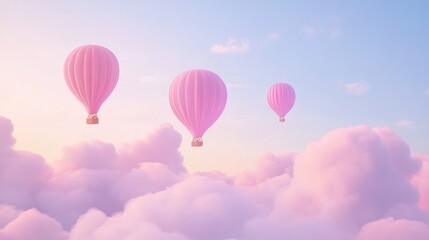 Obraz premium Pink hot air balloons soar above pastel cloudscape at sunrise; dreamy travel poster (1)