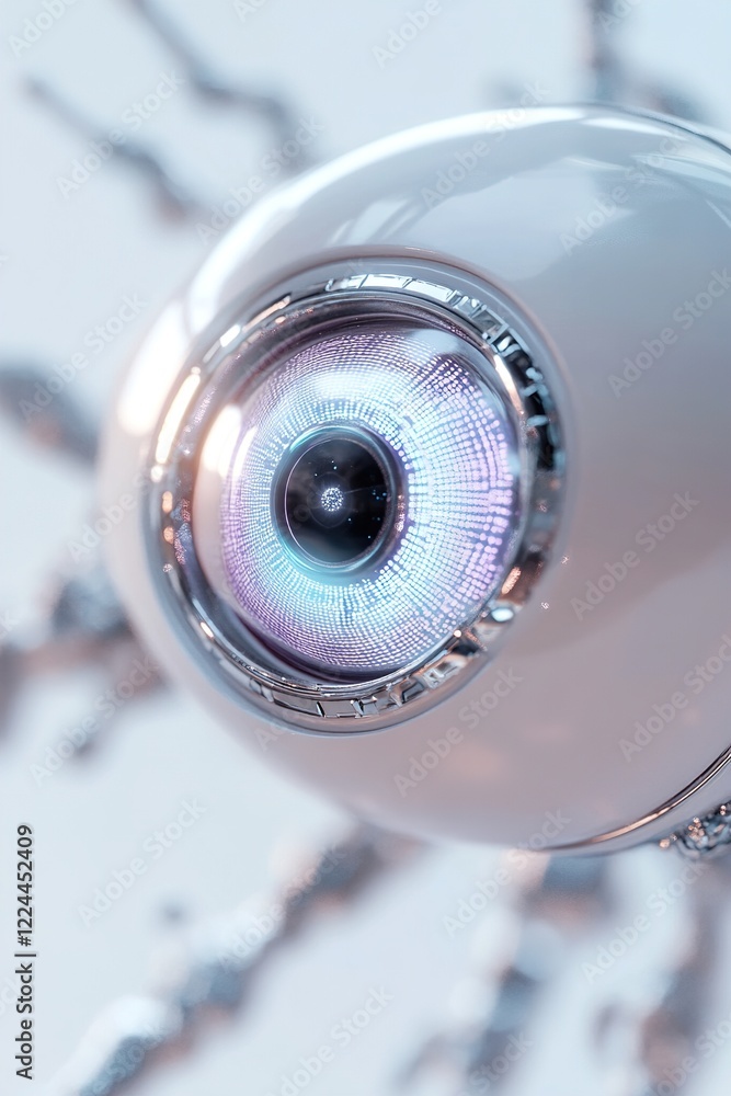 Poster a glowing robotic eye showcases a metallic finish, radiating teal and purple light. its sleek design