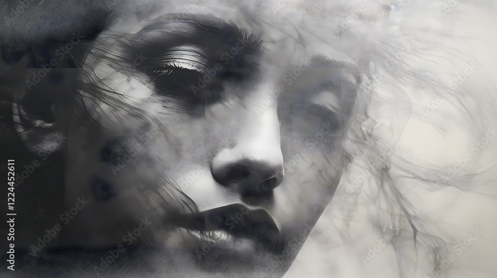 Aufkleber captivating monochrome charcoal drawing of a pensive expressive face on a textured paper background 