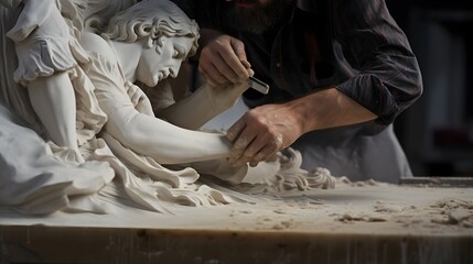 A skilled sculptor intently chiseling and carving intricate details and lifelike features into a beautiful marble statue showcasing their dedication to their craft