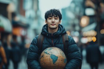 Naklejka premium Traveler holding a globe on a busy city street, symbolizing exploration, adventure, and global connection. Perfect for travel themes.