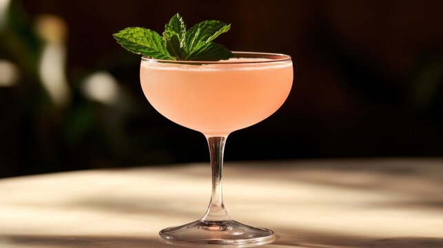Pink cocktail garnished with mint, restaurant setting, sunlit table