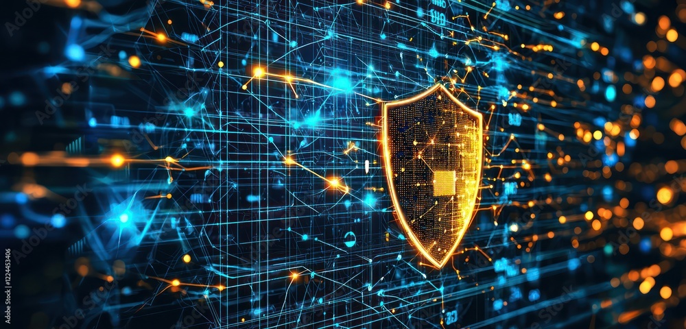 Poster interconnected streams safeguarded by a multi-layered shield, representing the essence of modern cyb