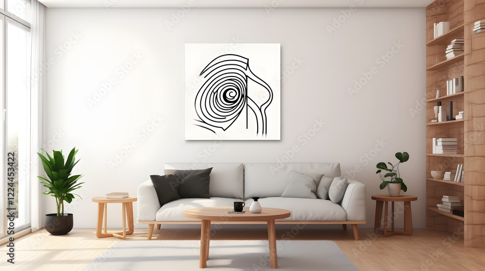 Poster minimalist line art design with simple black geometric shapes and lines on a clean white canvas back