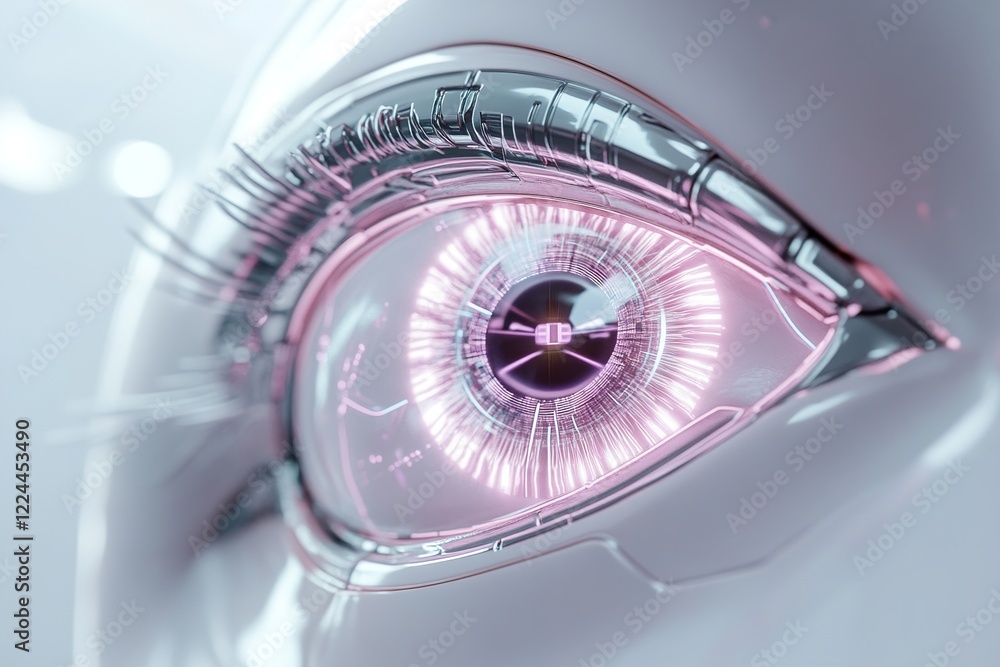 Poster a 3d robotic eye emits a striking glow with metallic highlights, surrounded by swirling abstract lin