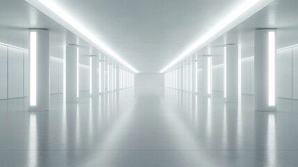 Bright futuristic corridor, sleek white design, reflective floor, architectural background, modern interior