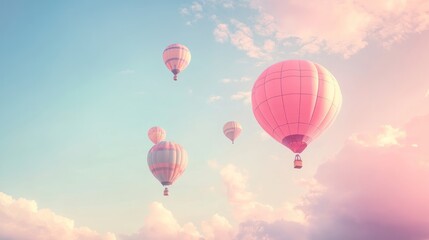 Naklejka premium Pink hot air balloons soar at sunrise, pastel clouds