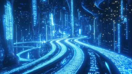 A futuristic digital landscape with glowing pathways and data streams.