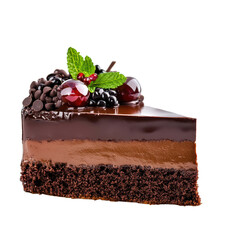 Decadent chocolate cake slice with berries and mint garnish