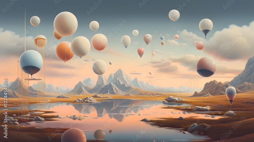 Poster a mesmerizing digital art piece showcasing a surreal and ethereal landscape with floating objects su