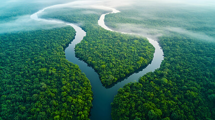Aerial view of rainforest river meandering, creating an island, misty morning, nature conservation