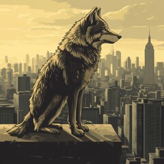 Lone Wolf Observing Urban Skyline at Dawn
