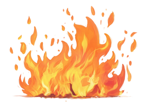 Isolated illustration of a bright orange flame with small pieces