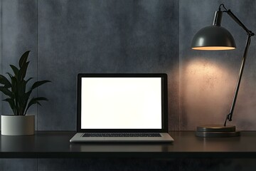 Modern Desk with Laptop and Lamp on Concrete Wall with Sleek Functional Design