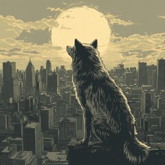 Lone Wolf Gazing Over Cityscape at Sunset