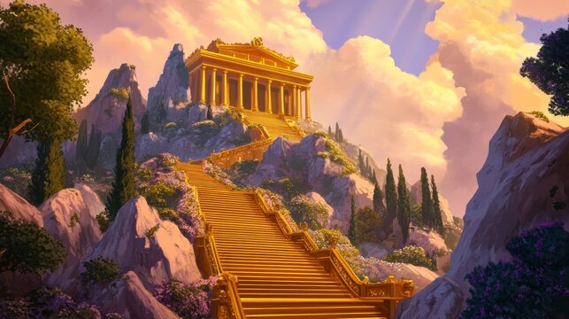 Opulent mount olympus with casino themes featuring a heavenly temple and golden stairs