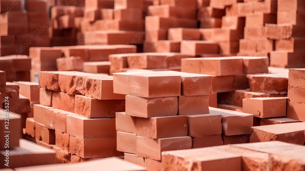Poster closeup shot of a carefully constructed pile of red bricks at a construction site showcasing the int
