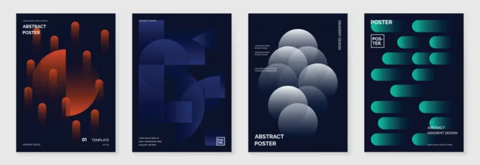 Modern gradient poster background vector set. Minimalist cover template with vibrant perspective geometric prism shapes in motion. Ideal design for social media, cover, banner, flyer.