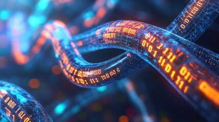 Obraz premium Abstract representation of data flow with binary code and glowing strands.