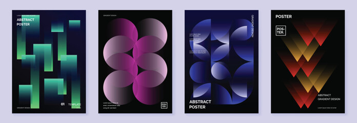 Modern gradient poster background vector set. Minimalist cover template with vibrant perspective geometric prism shapes in motion. Ideal design for social media, cover, banner, flyer.