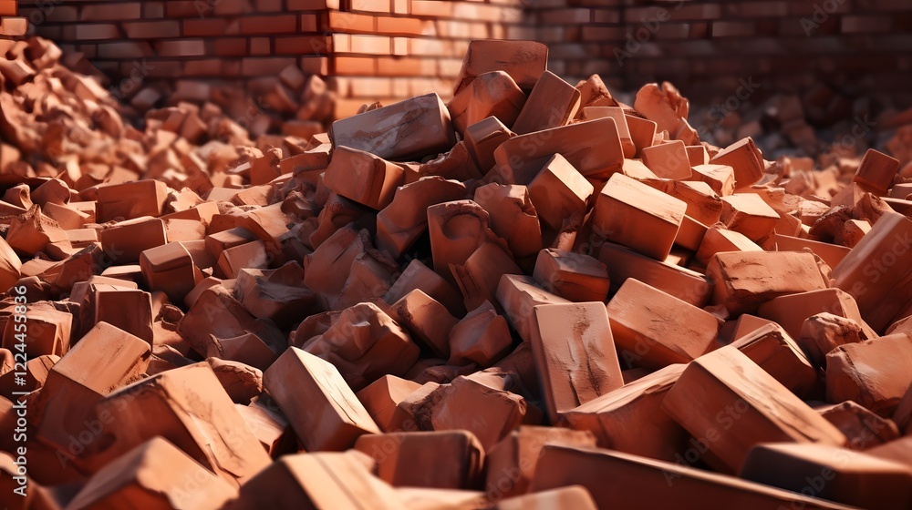 Poster a pile of scattered bricks in neutral tones at a construction site showing the raw building material