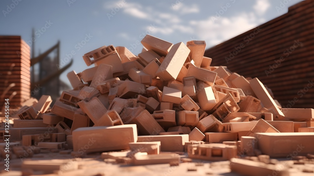 Poster a disorderly pile of scattered bricks at an abandoned construction site creating an abstract backgro