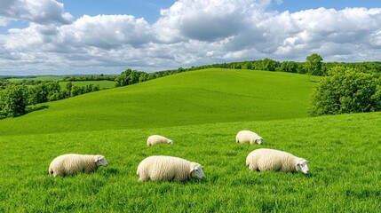 A serene pastoral scene featuring a herd of sheep grazing in a lush green meadow under a cloudy sky. High Quality
