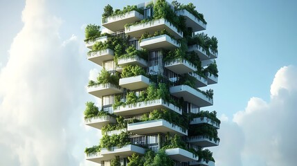Modern green skyscraper building with vertical garden architectural design form for futuristic image innovation concept of sustainable eco-friendly urban life of the future.