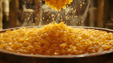 Amber resin pouring into bowl, steam rising, workshop background, for perfume or jewelry ads