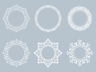 Set of decorative frames Elegant vector element for design in Eastern style, place for text. Floral gray and white borders. Lace illustration for invitations and greeting cards