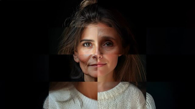 Mosaic loopable footage of young women morphing into older and  back to younger. Concept of rejuvenation and longevity.