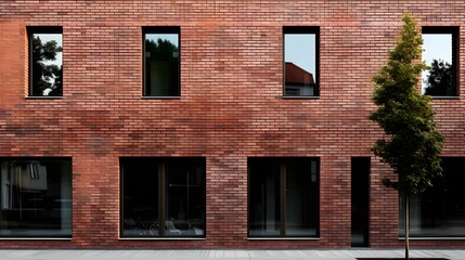 Sleek and geometric brick facade of a contemporary urban building with a minimalist and industrial design aesthetic