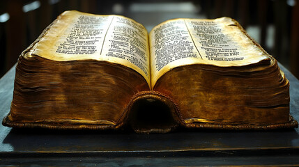 Obraz premium Ancient book open on dark surface, church background; history, religion, knowledge