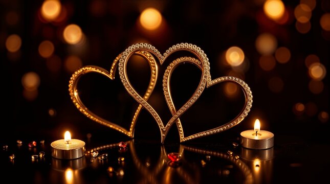 A glossy black background with intertwined gold and crimson heart shapes