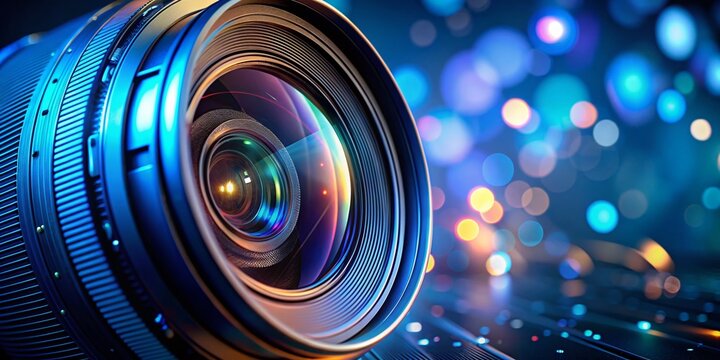 Blue Light Camera Lens Close-Up: Urban Exploration Photography Banner