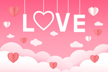 Love and valentine background. The word “LOVE” in bold white from strings on a pink gradient background. Clouds and paper hearts surround it. Design for Poster, Banner, Greeting, Card Valentine's Day.