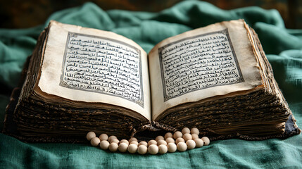 Obraz premium Ancient Quran open on green cloth, prayer beads; religious study