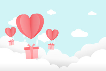 Happy Valentine's day background. A minimalist, paper-cut style illustration featuring pink heart-shaped balloons and gift boxes against a soft blue sky.Design for post, card. Valentine's day Design.