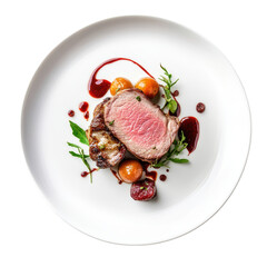 luxurious plated lamb chop with vibrant garnishes