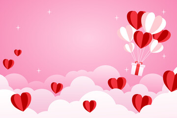 Happy valentines day background. Heart-shaped balloons in red and pink float above soft clouds, lifting a gift box under a dreamy pink sky. template or background for Love and Valentine's day concept.