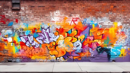 Fototapeta premium Graffiti Mural Adorning a Brick Wall in a Lively Urban Environment Showcasing a Vibrant Display of Colors Textures and Creative Expression