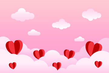 Valentine's Day background. Red heart balloons floating above pink clouds with a soft gradient sky. Template for Poster, Banner, Post, Flyer, Greeting, Card, Cover. Valentine's day design.