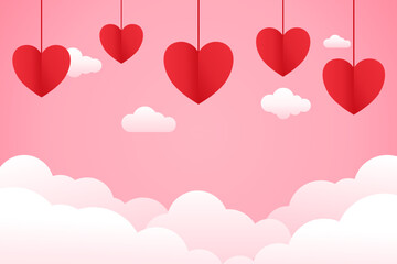 Love and valentine background. red hanging hearts on a light pink background with fluffy clouds. Design for Poster, Banner, Post, Flyer, Greeting, Card, Cover. Valentine's Day. Vector illustration.
