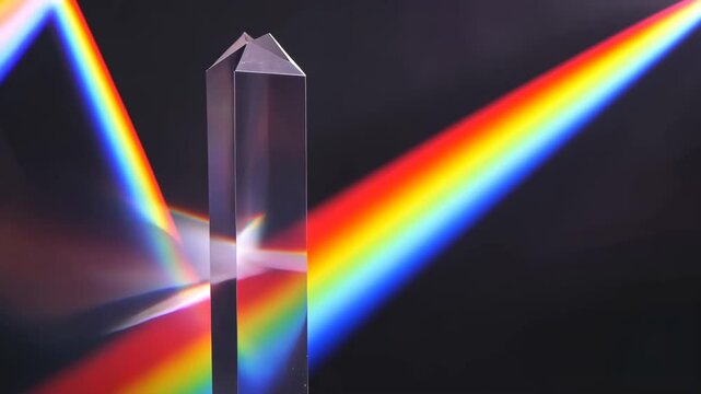 Prism refracting vibrant rainbow light on dark background