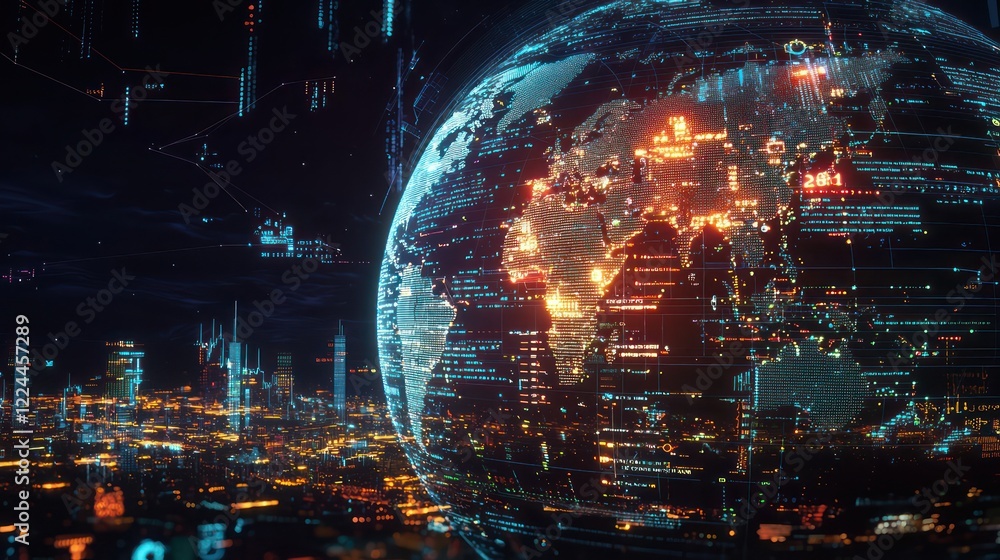 Poster a futuristic earth surrounded by vibrant data streams, highlighting the expansive capabilities of ai